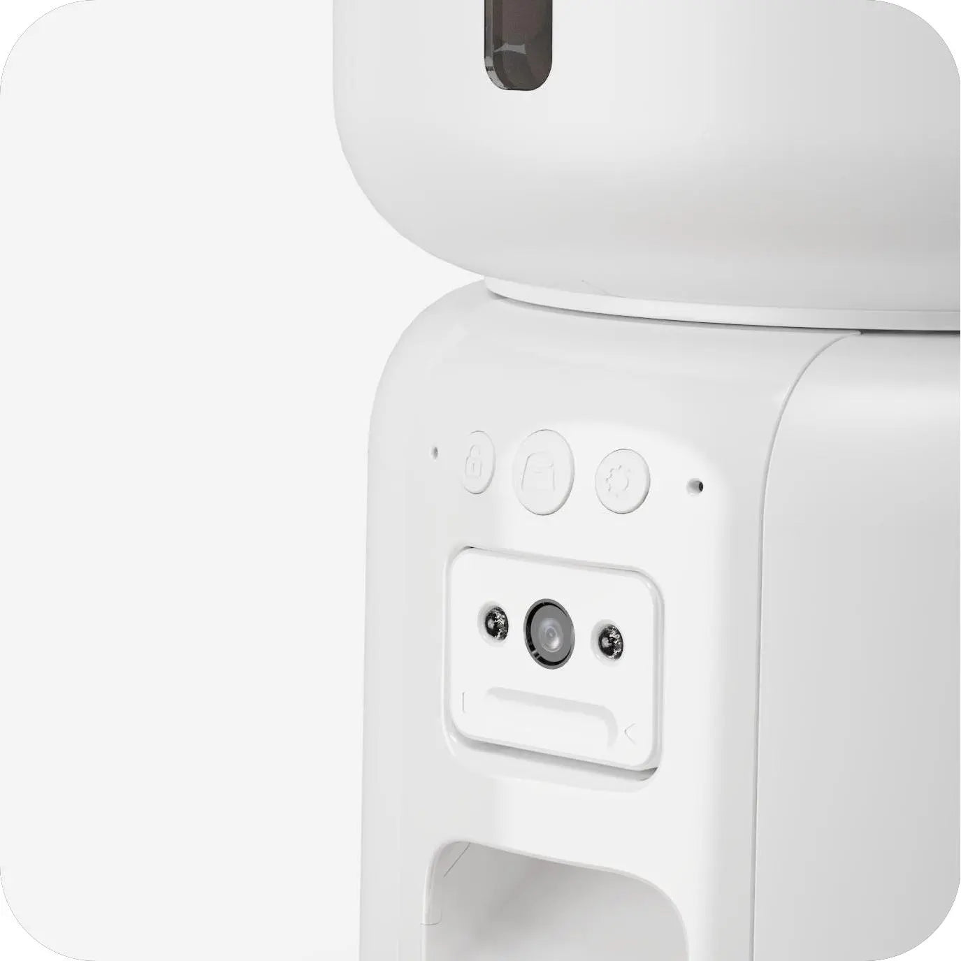 Cat using a white pet feeder with a schedule display in the background