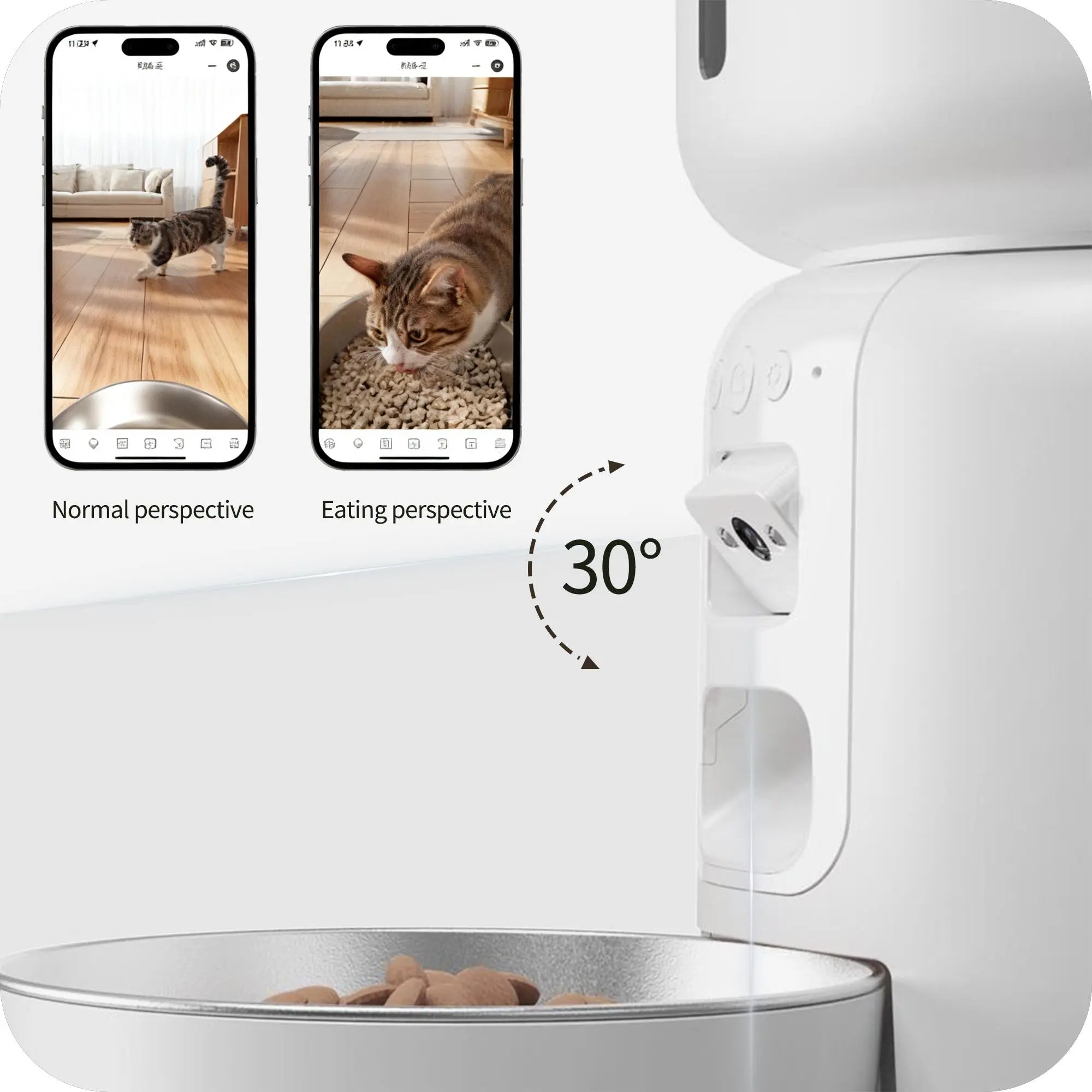 utomatic cat feeder with smartphone app showing cat's perspective, on a white background