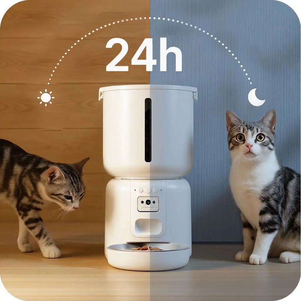 Two cats and a white smart pet feeder.