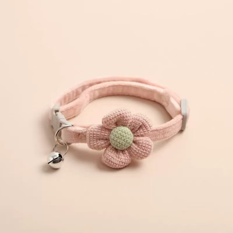 Adjustable floral cat collar with soft fabric flower and bell, lightweight pink kitten collar accessory