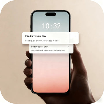 Hand holding a smartphone with alerts about low food levels and battery power on a beige background