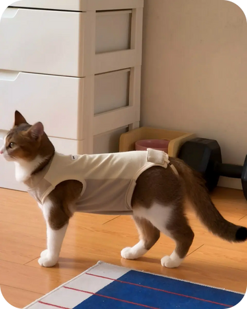 Side view of a cat wearing a breathable cat recovery suit for post surgery healing