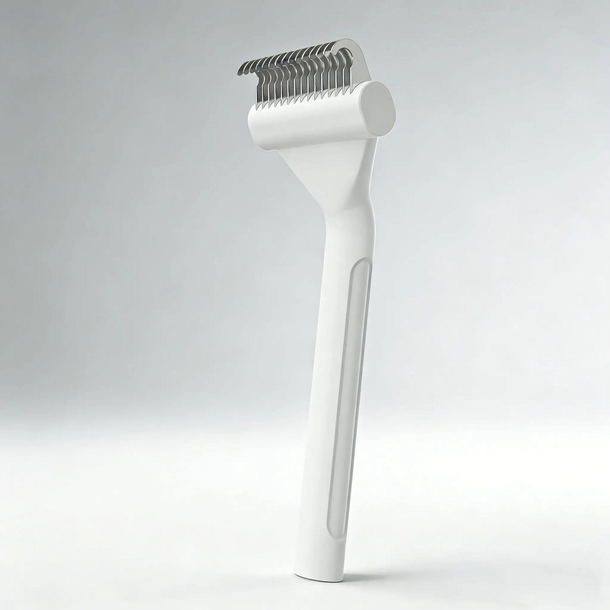 De-matting undercoat rake grooming tool in white, designed for thick undercoats on cats and dogs