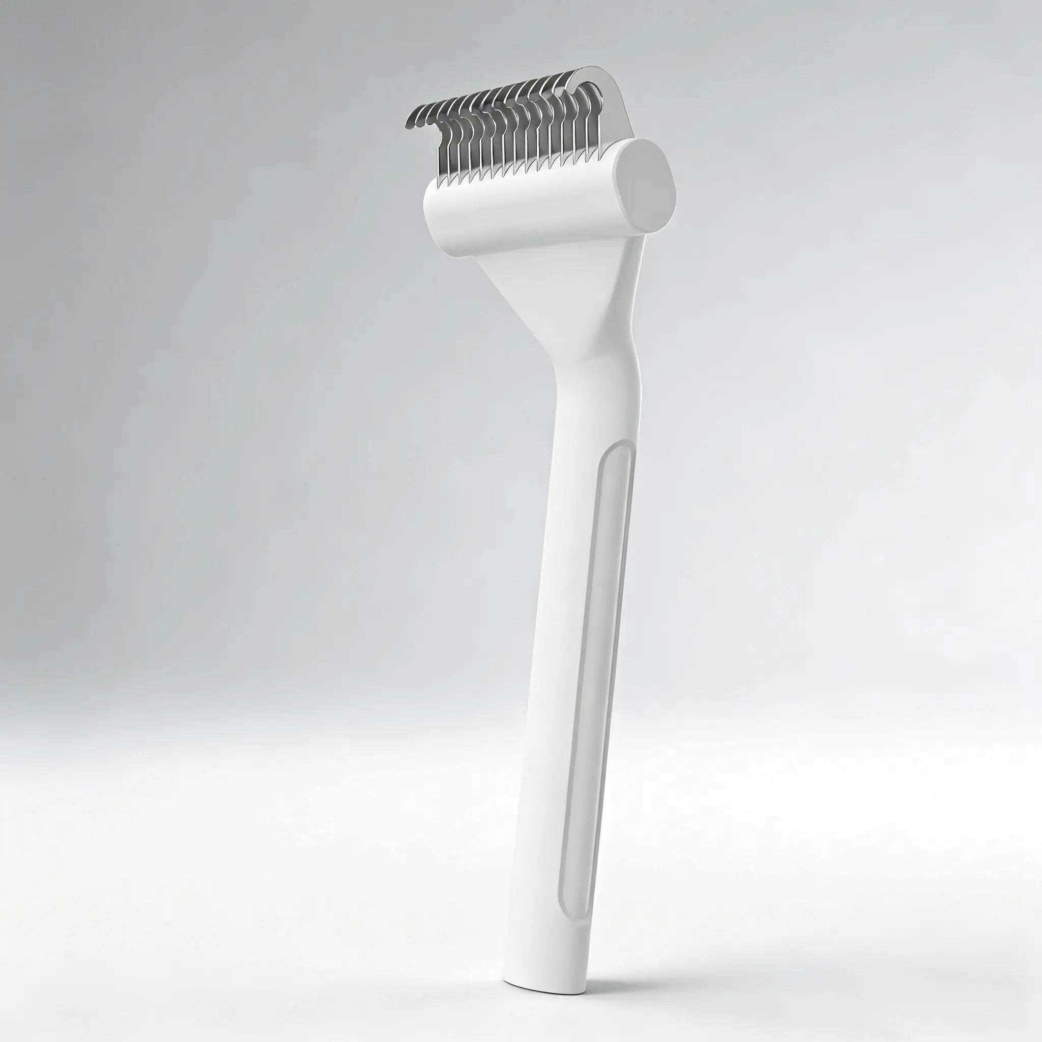 De-matting undercoat rake grooming tool in white, designed for thick undercoats on cats and dogs