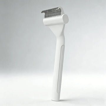 De-matting undercoat rake grooming tool in white, designed for thick undercoats on cats and dogs