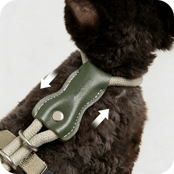 Adjustable Cat Harness & Leash Set showing comfortable back fit on a cat with leather connector