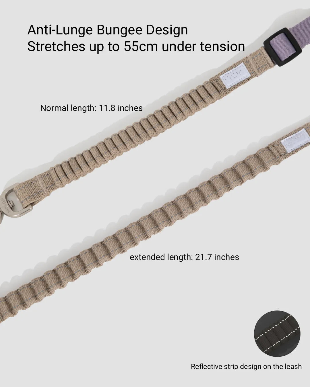 Adjustable dog leash with bungee section, showing normal length 11.8 inches and extended length 21.7 inches with reflective stitching