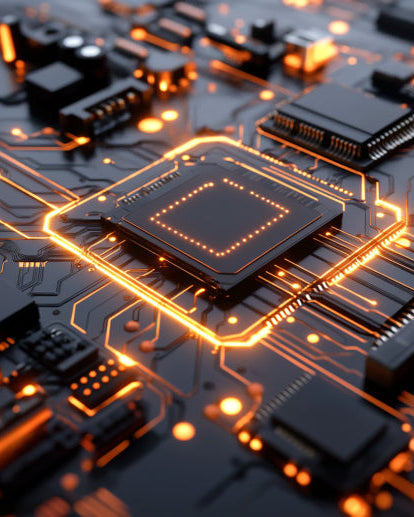 Close-up of a circuit board with glowing orange traces