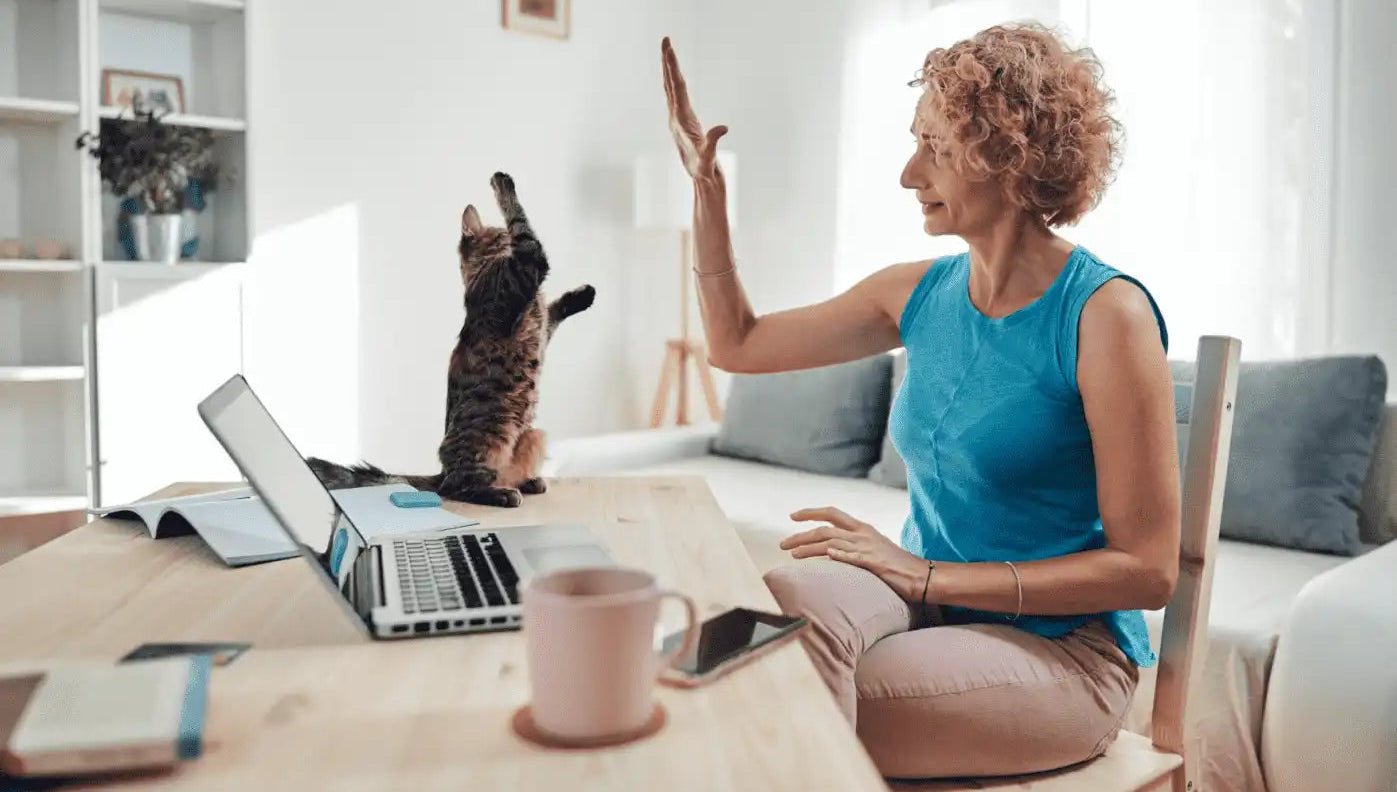 Woman sitting at a desk with a laptop, cat, and mug, giving a high-five gesture.