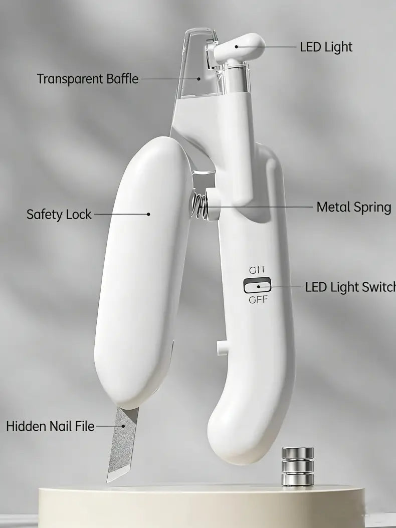 Feature diagram of cat nail clippers showing LED light, safety lock, transparent guard, and hidden nail file.