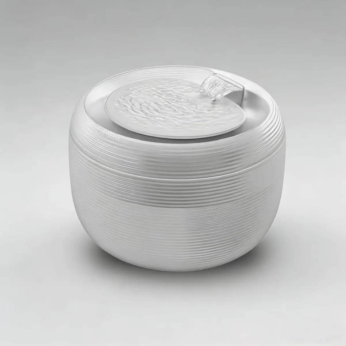 Cat water fountain with flowing waterfall spout and ripple drinking tray, modern round design