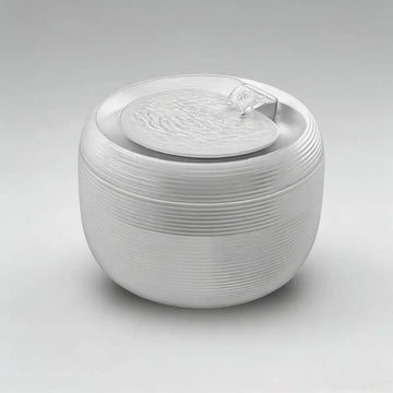 Cat water fountain with flowing waterfall spout and ripple drinking tray, modern round design