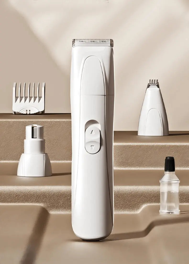 Quiet pet grooming clippers set displayed with guide combs, trimming head, and oil bottle