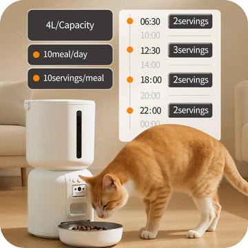 Cat using a white pet feeder with a schedule display in the background