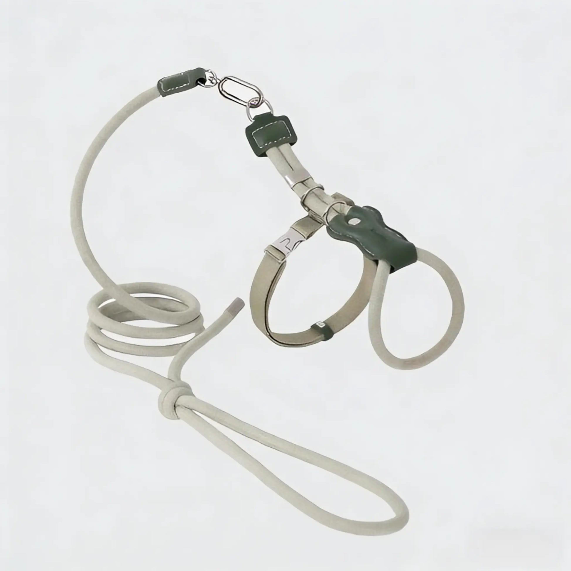 Adjustable cat harness and leash set with soft nylon rope and metal hardware, displayed on a white background