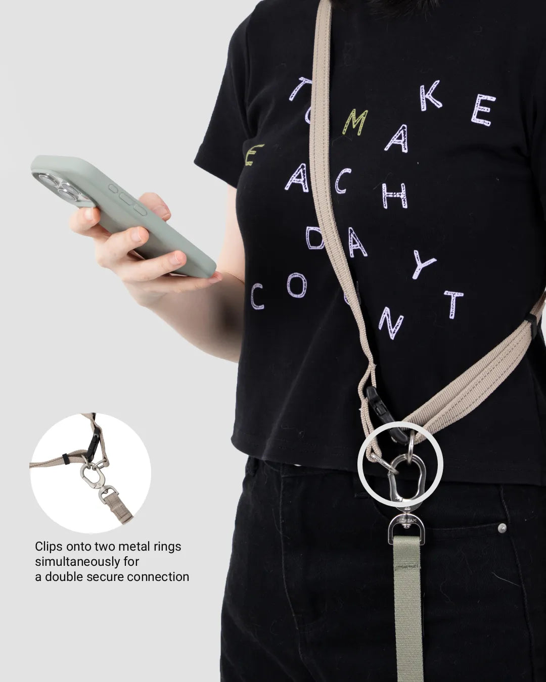 Hands-free dog leash worn crossbody, clipped to two metal rings for double secure attachment