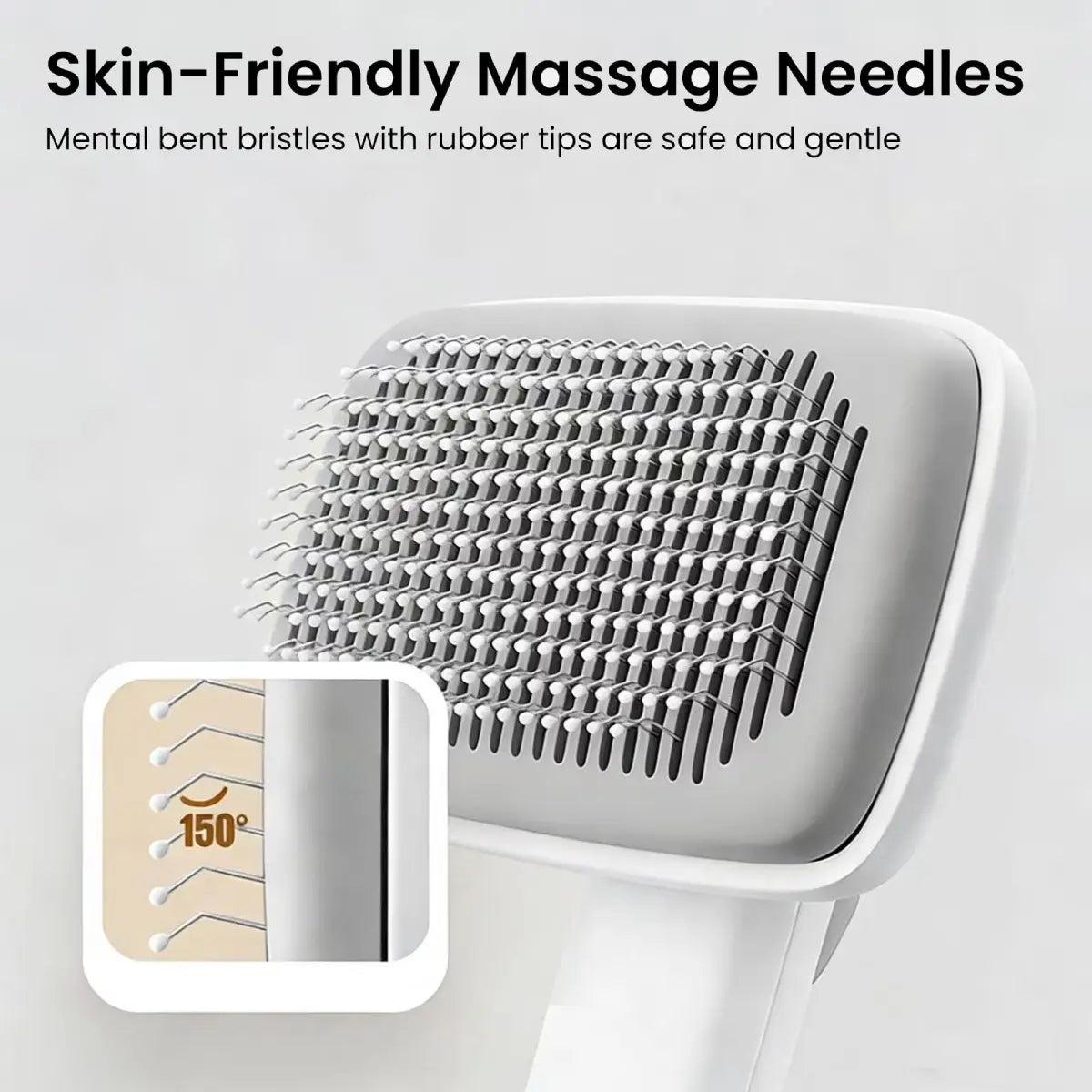 Cat brush with skin-friendly bent stainless steel bristles and rounded tips for gentle massage and safe grooming