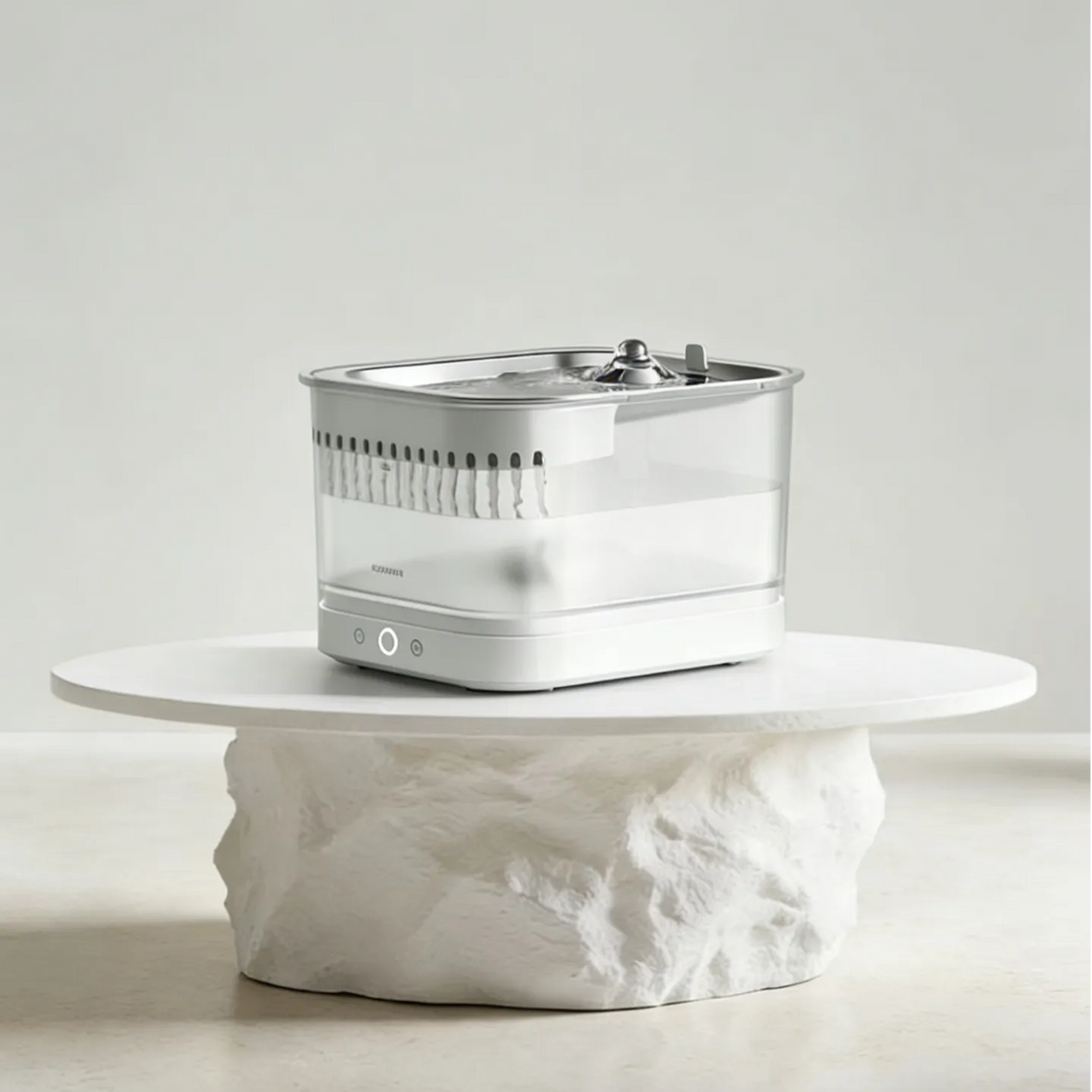 automatic cat water fountain on a minimalist white table
