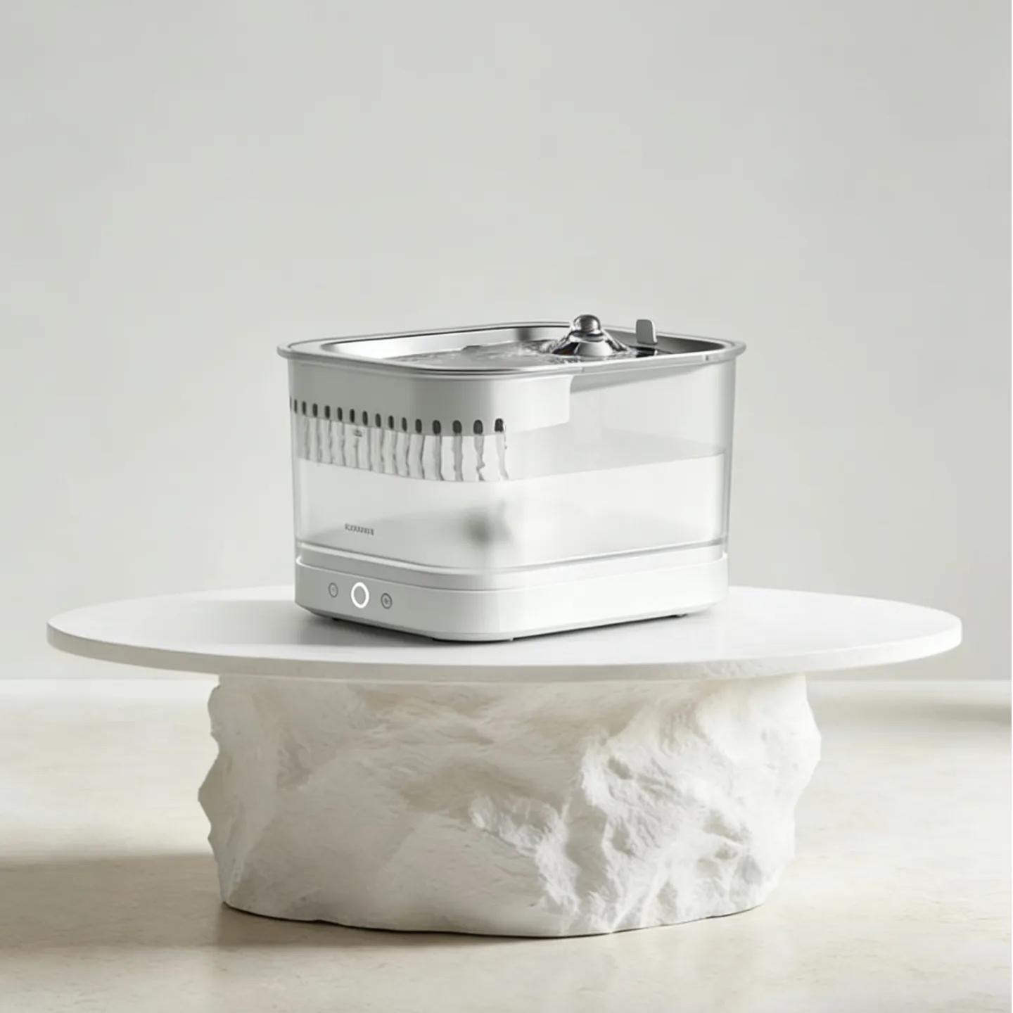 automatic cat water fountain on a minimalist white table