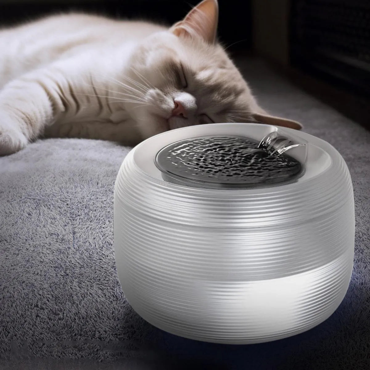 Sleeping cat next to quiet automatic cat water fountain, stainless steel water tray and ripple surface