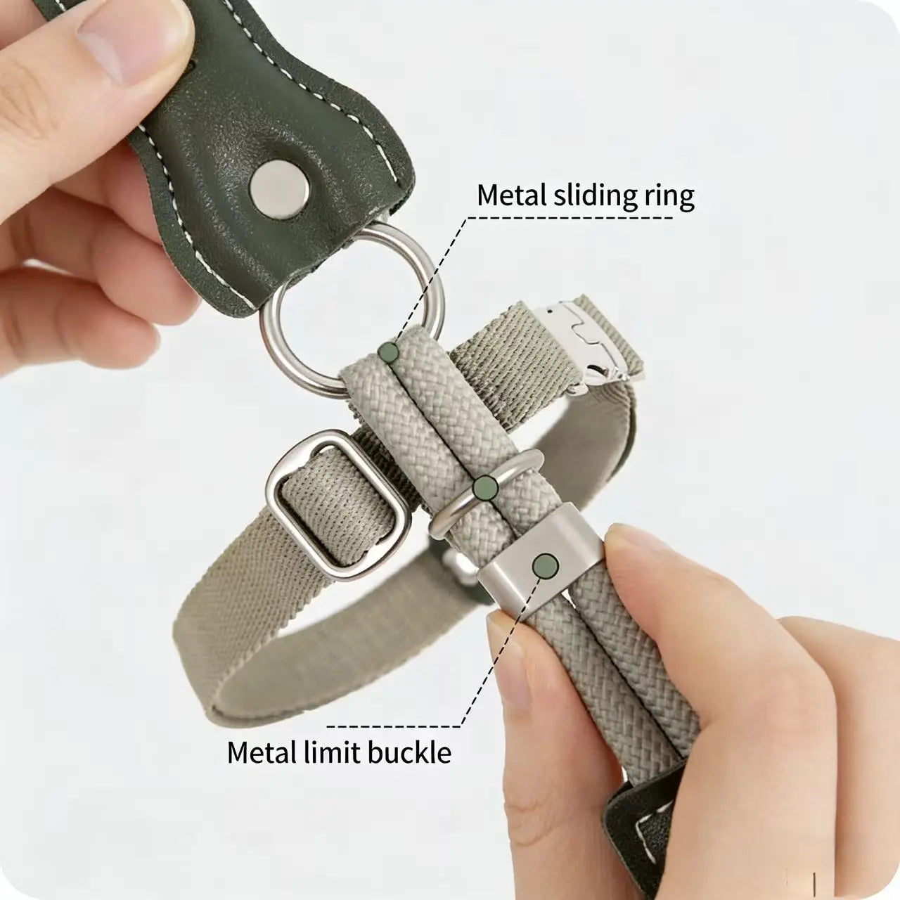 Close-up of cat harness hardware showing metal sliding ring and metal limit buckle for secure adjustment