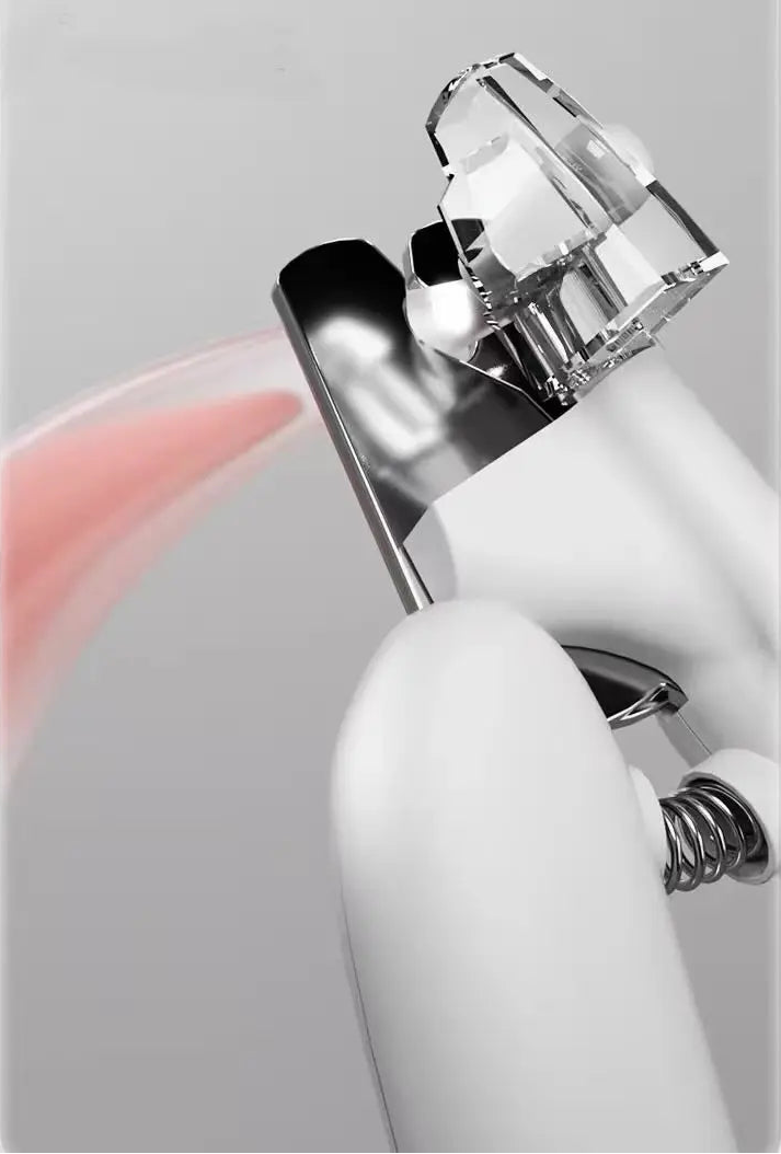 Close-up of cat nail clipper blade with transparent splash-proof guard to catch clippings.