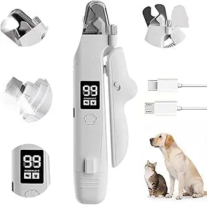 2-in-1 pet nail clippers set with grinder attachments, USB cable, and accessories for cats and dogs.