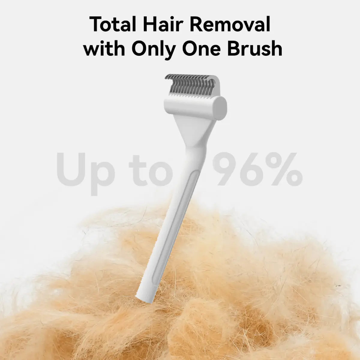 De-matting undercoat rake removes loose undercoat hair with one brush, showing up to 96% hair removal result