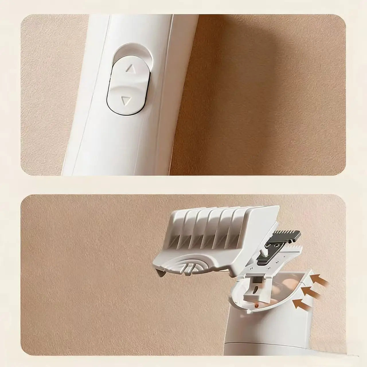 Pet clippers control button and adjustable guide comb attachment detail