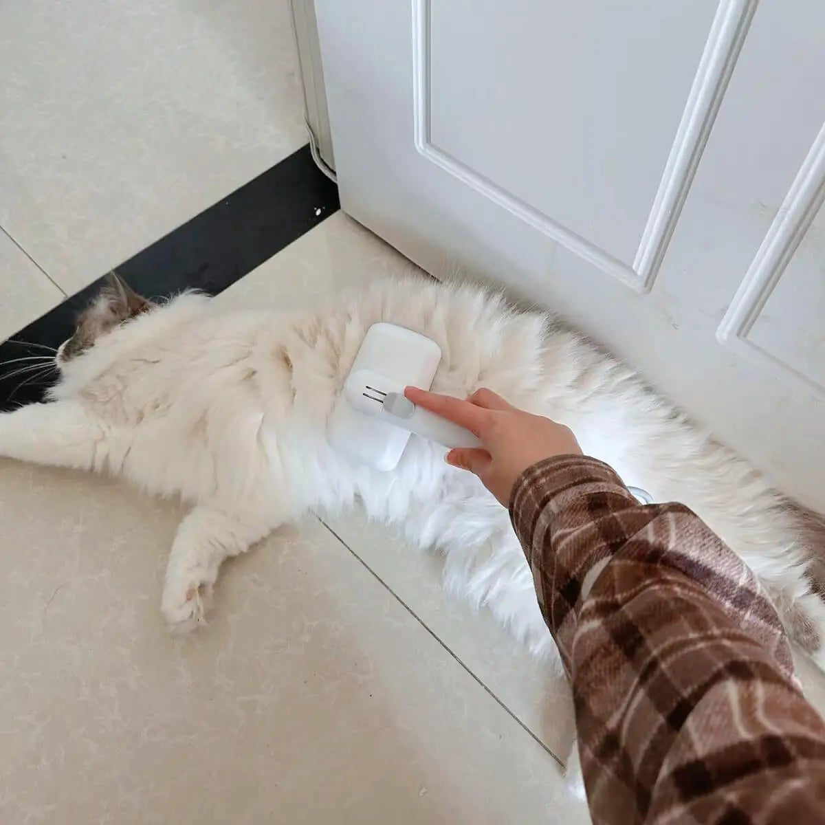 Cat brush gently grooming a long-haired white cat lying on the floor, removing loose fur with a self-cleaning slicker brush