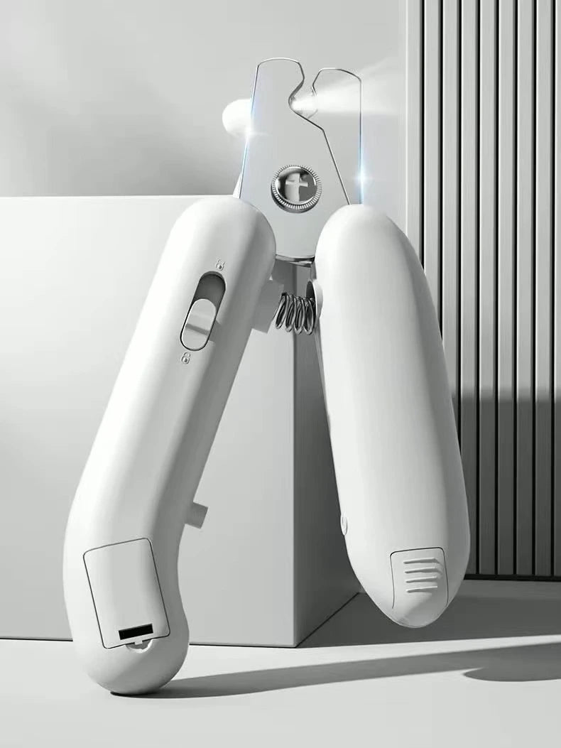 Front view of LED cat nail clippers showing stainless steel blade and safety lock design.