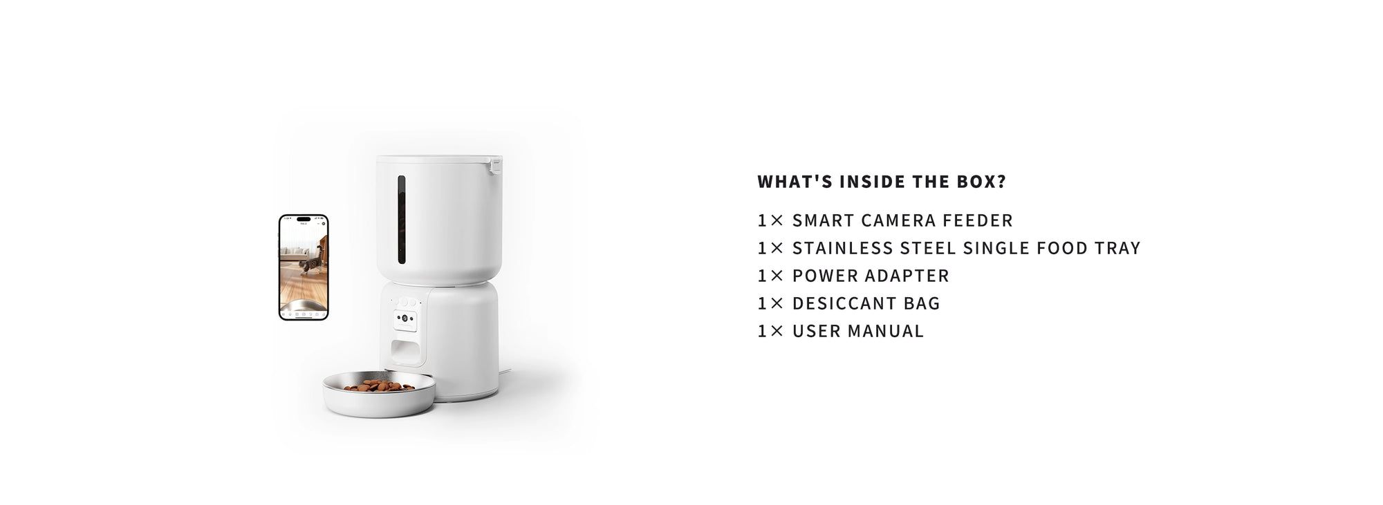 White smart camera feeder with a list of included items on a white background