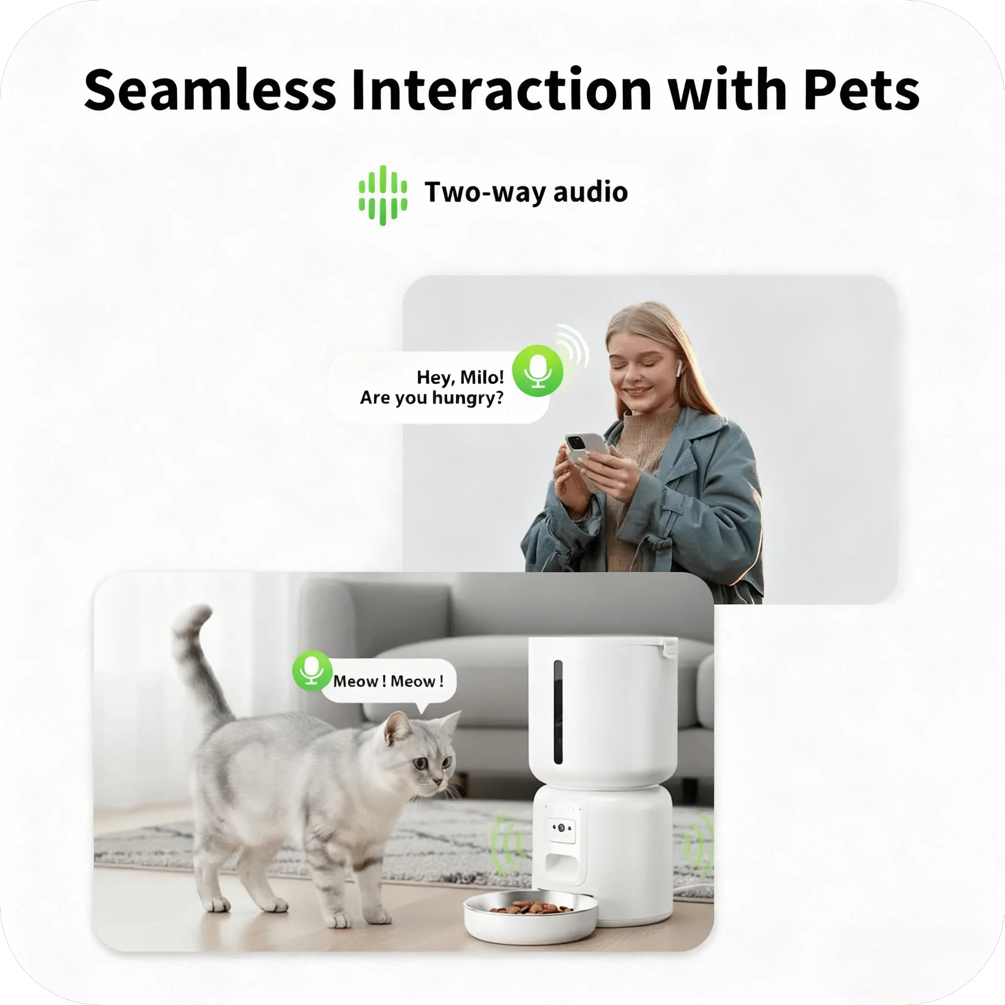 A girl is calling to her cat in front of a smart cat feeder through her phone.