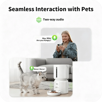 A girl is calling to her cat in front of a smart cat feeder through her phone.