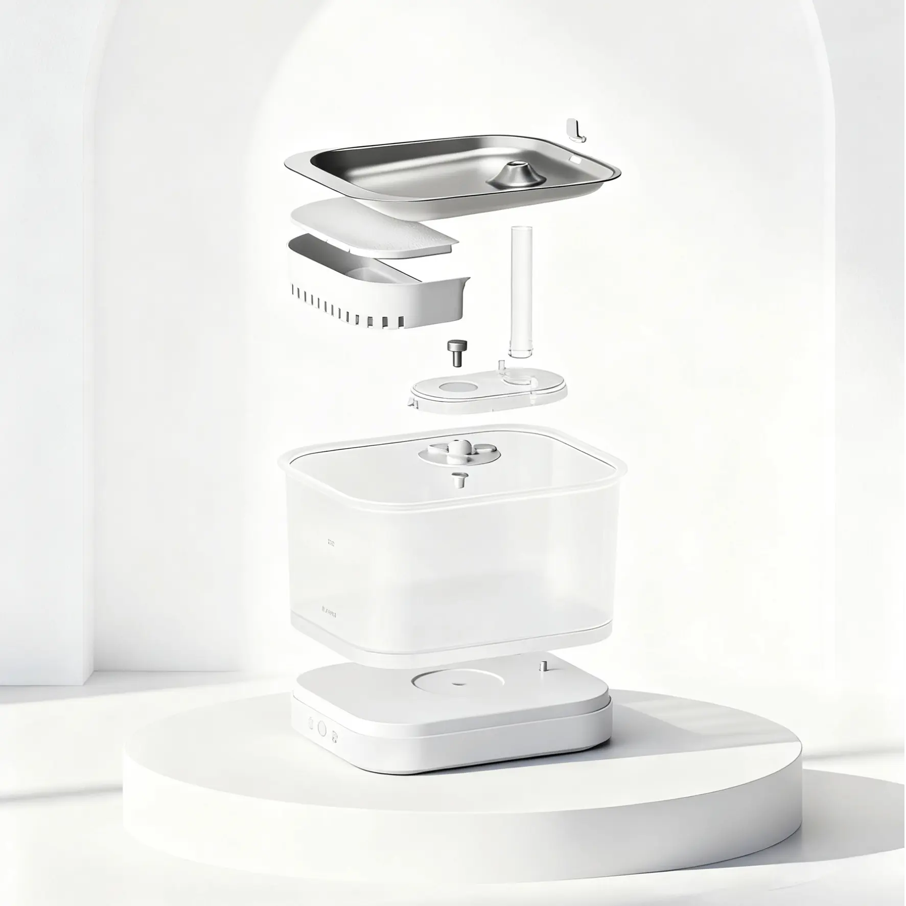 Exploded diagram showing the components of a cat water fountain