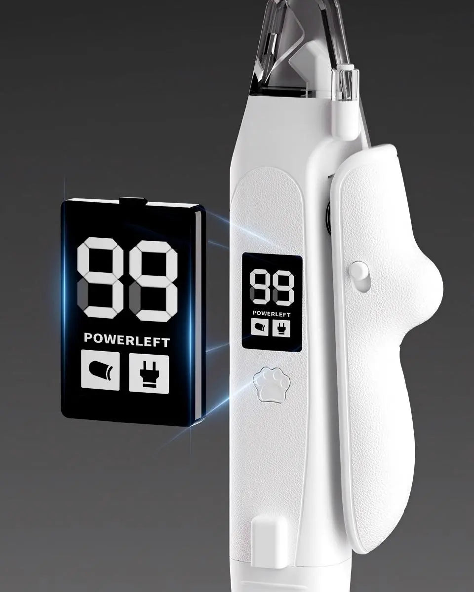 Cat nail clipper with LED screen showing battery level and working mode indicators.