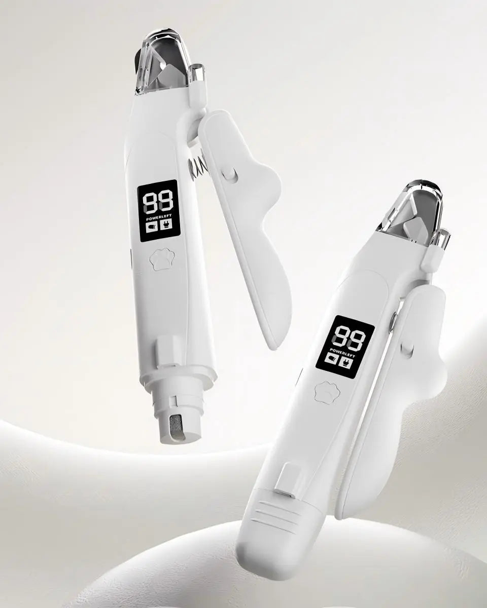 Two rechargeable 2-in-1 cat nail clippers with grinder and LED display for pet grooming.
