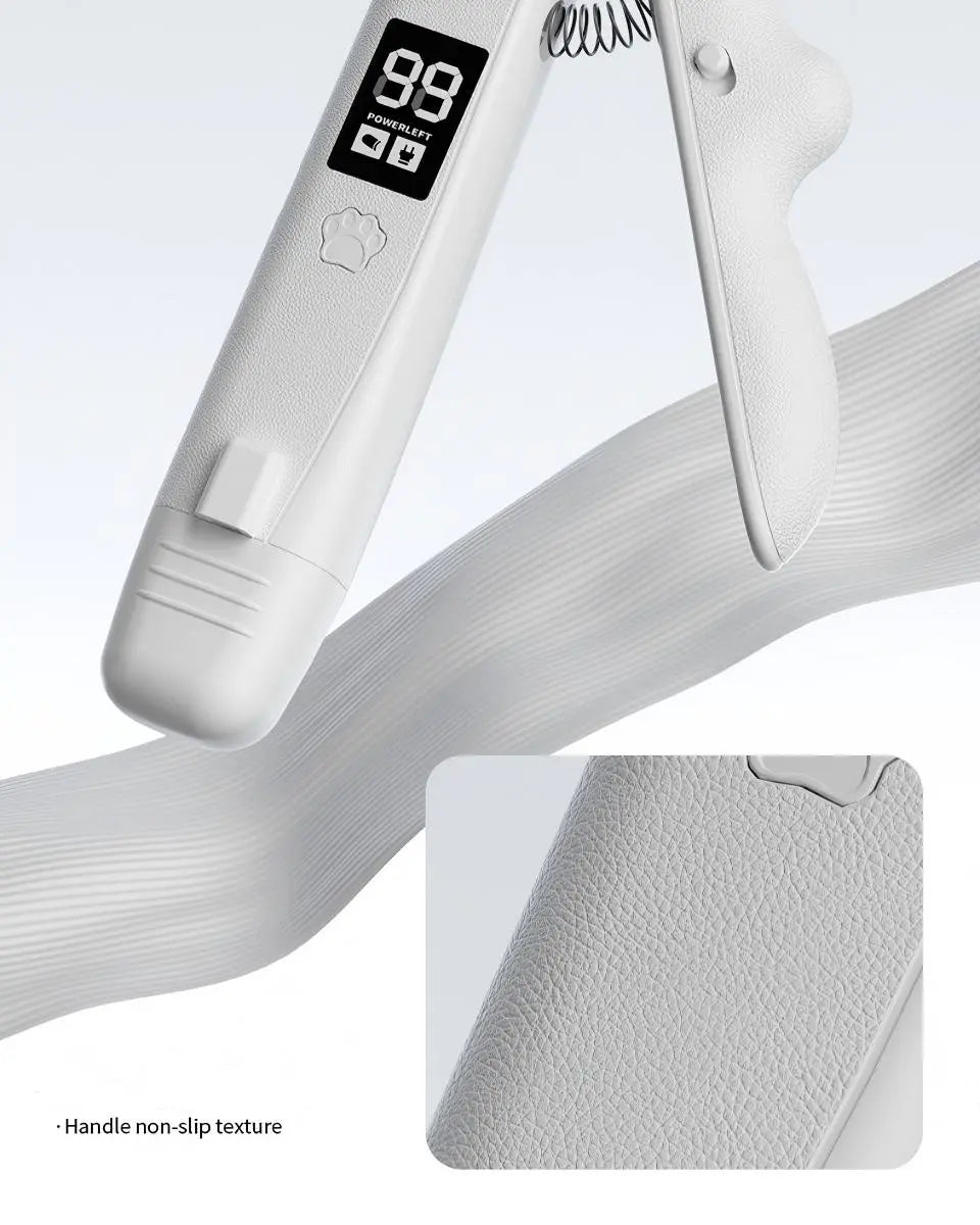 Electric cat nail clippers with digital display and non-slip textured handle for a secure grip.