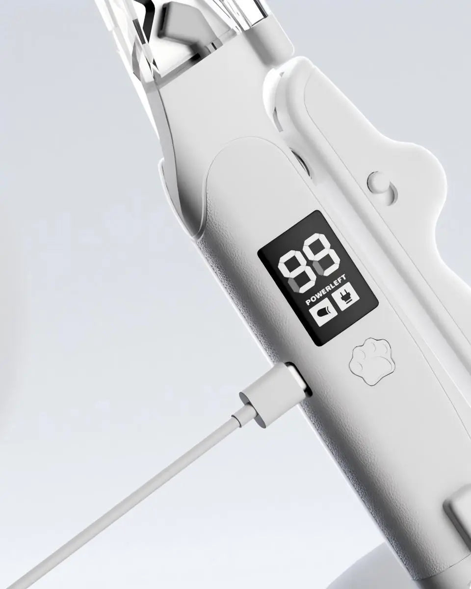 Rechargeable cat nail clippers with USB charging and digital battery indicator display.