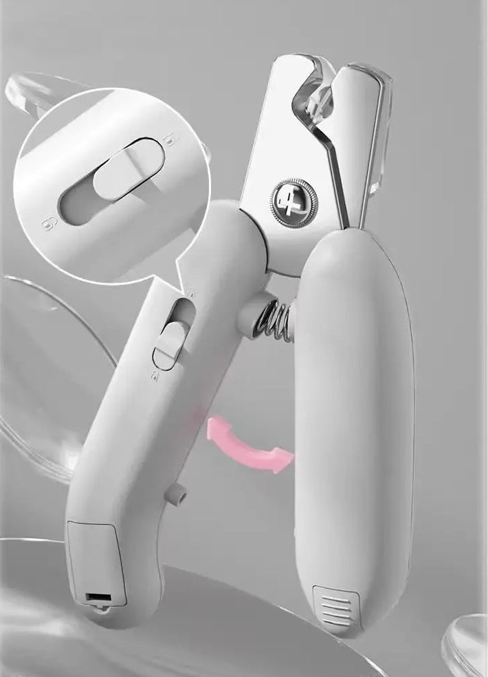 Side view of cat nail clipper with LED light switch and safety lock slider.