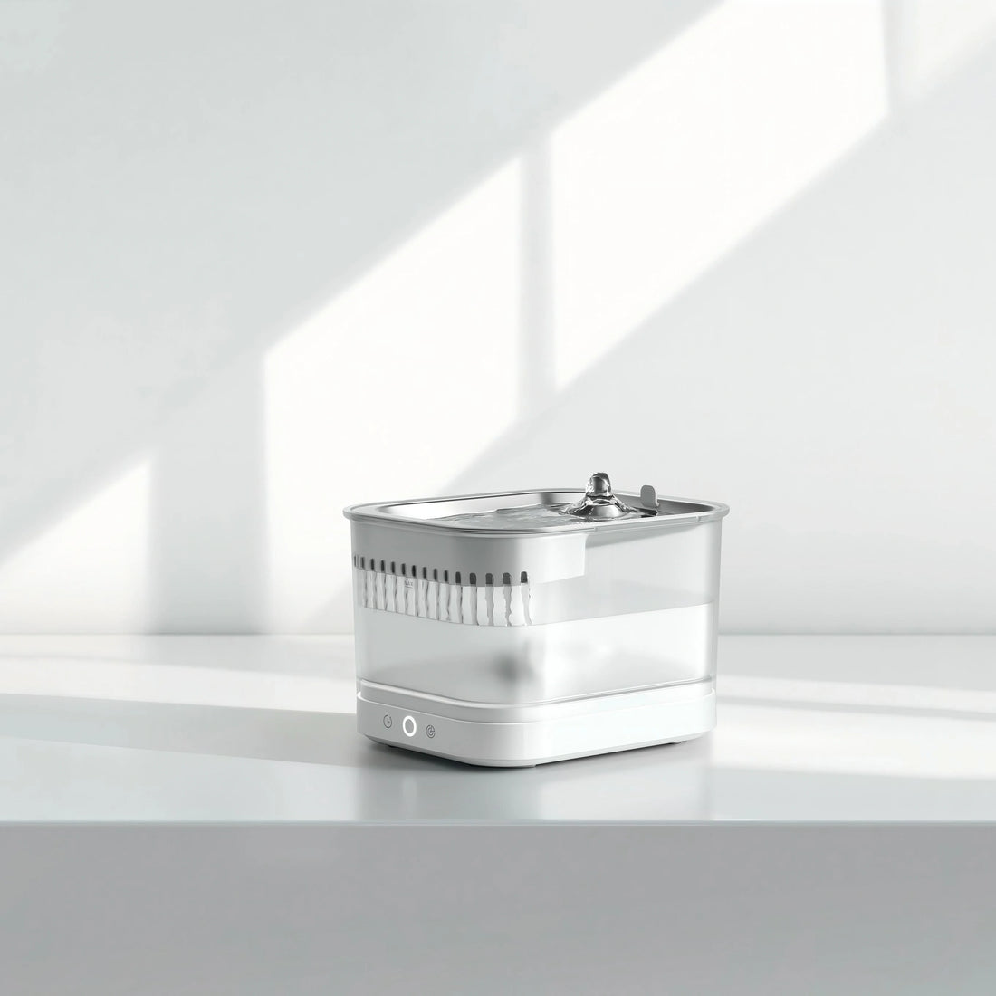 A serene, minimalist white cat water fountain in a peaceful setting