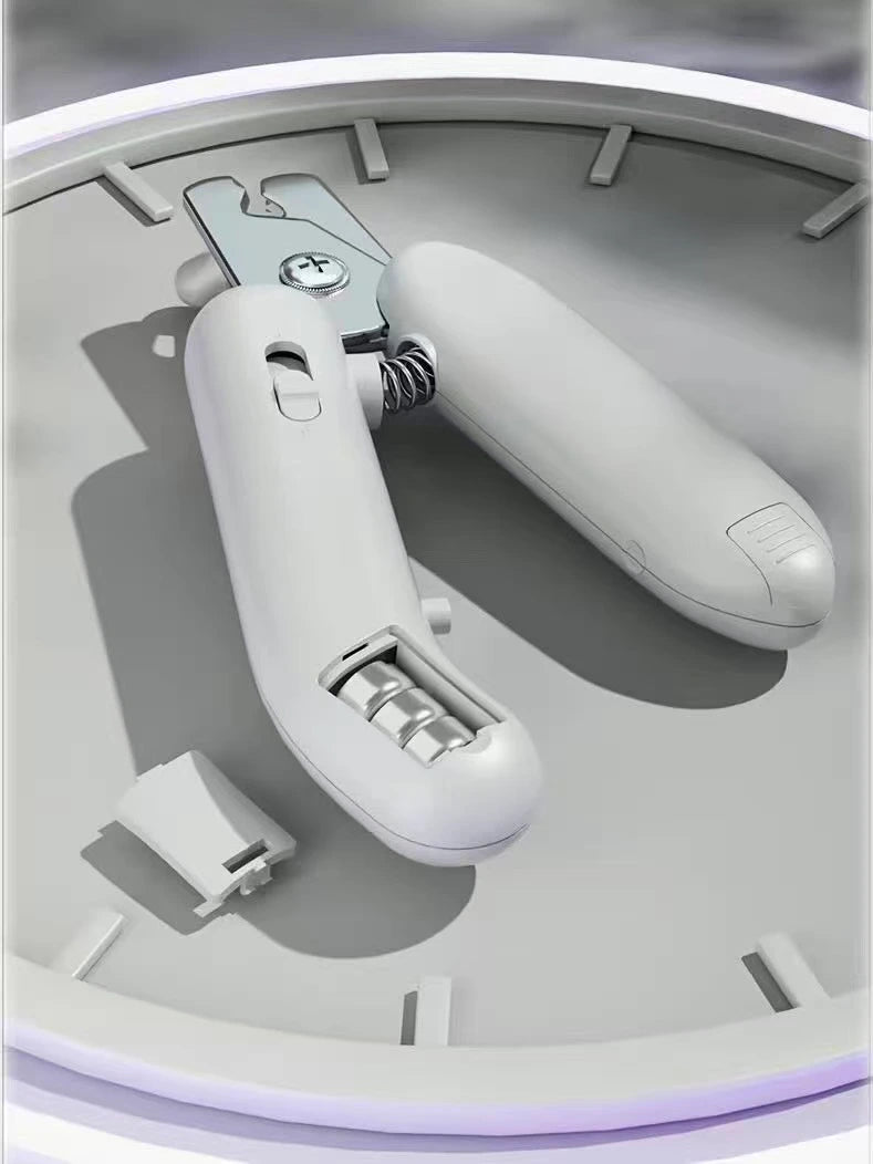 LED cat nail clippers lying flat with hidden nail file stored in the handle.